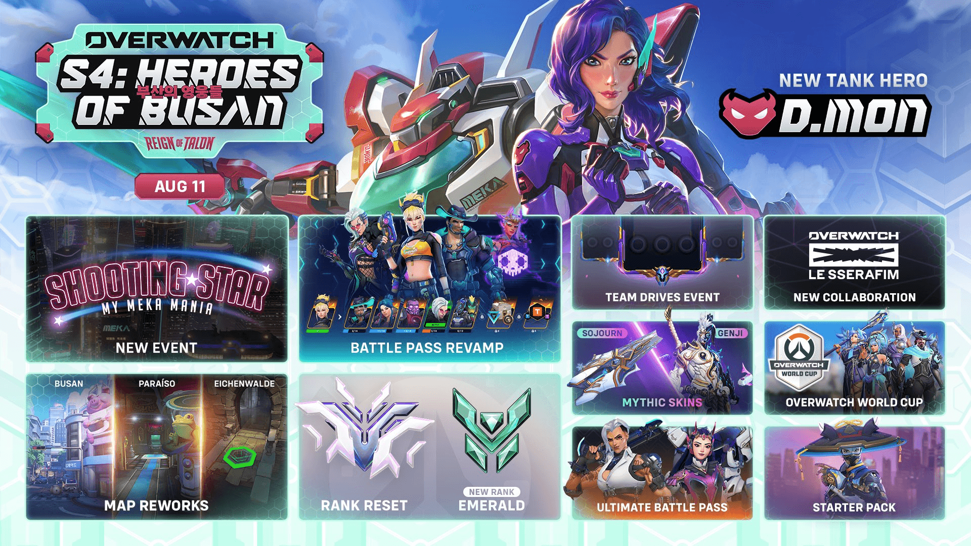 Resumen de Overwatch Season 4 Heroes of Busan con D.Mon, reworks, Emerald y Battle Pass