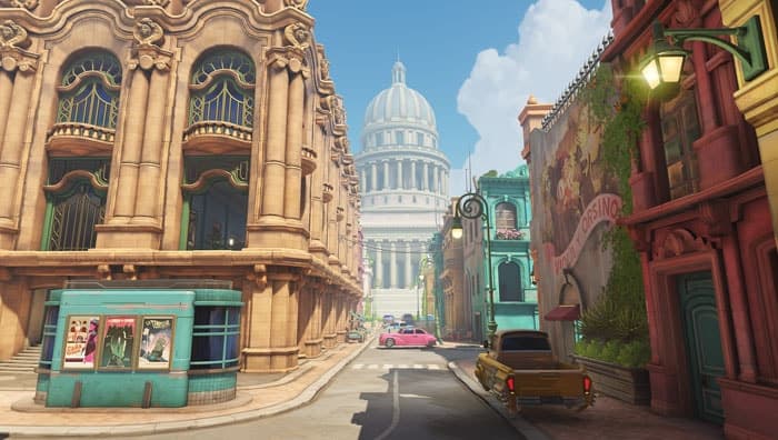 Calles coloridas y edificios históricos de Havana en Overwatch