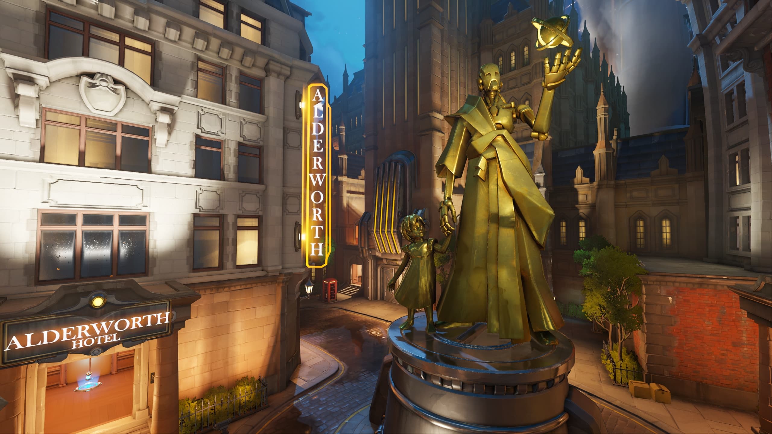 Estatua y calles nocturnas de King's Row en Overwatch