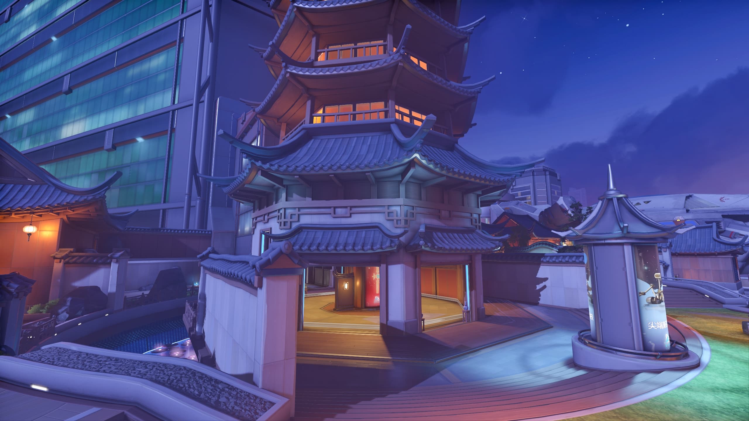 Pagoda iluminada y accesos al punto de Lijiang Tower en Overwatch