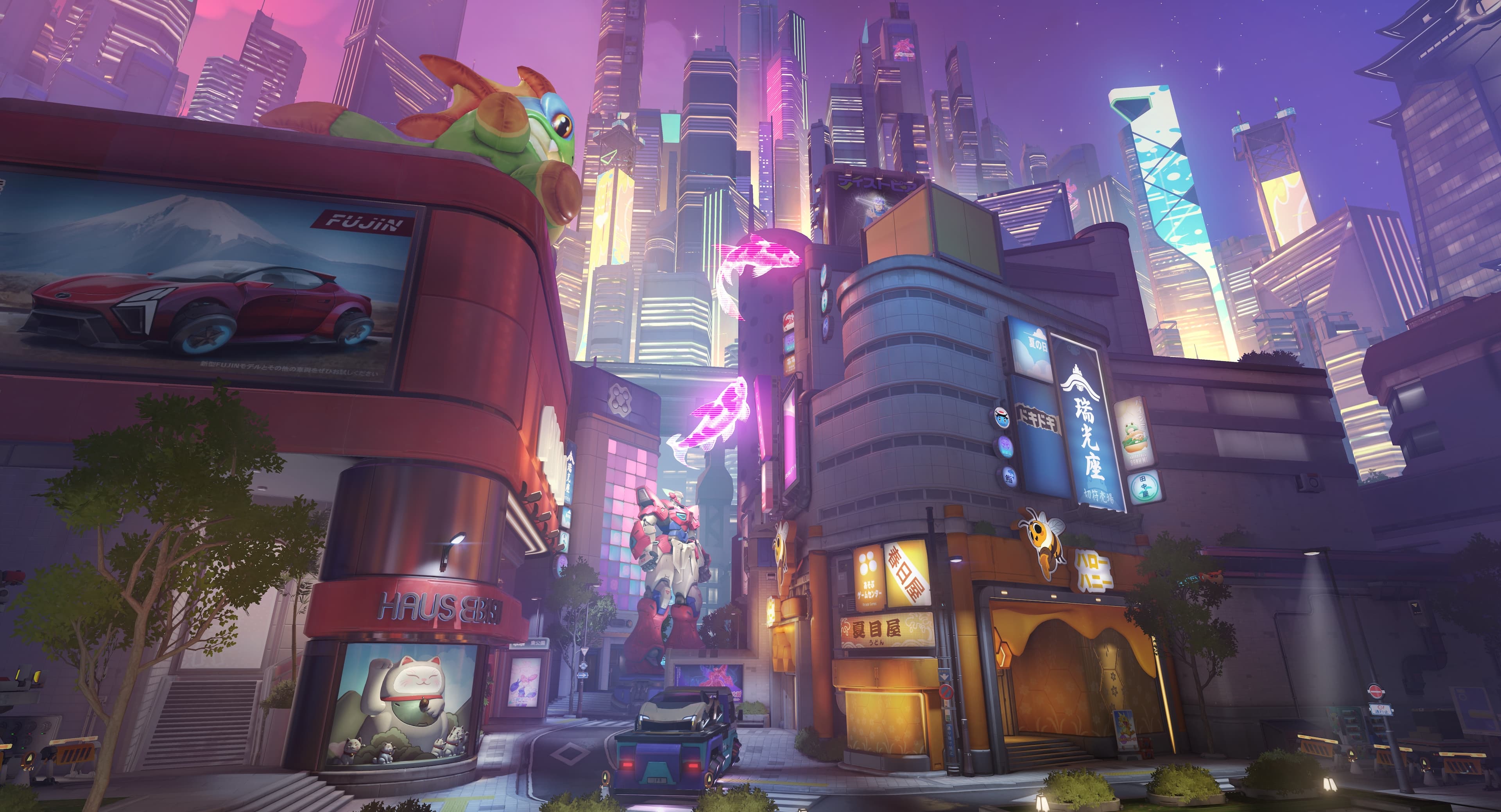 Calles iluminadas y edificios de Neon Junction en Overwatch