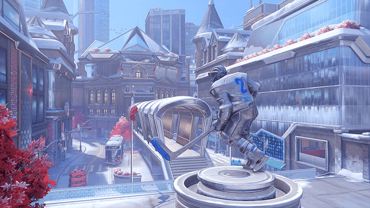 Calles nevadas, tranvía y edificios de New Queen Street en Overwatch
