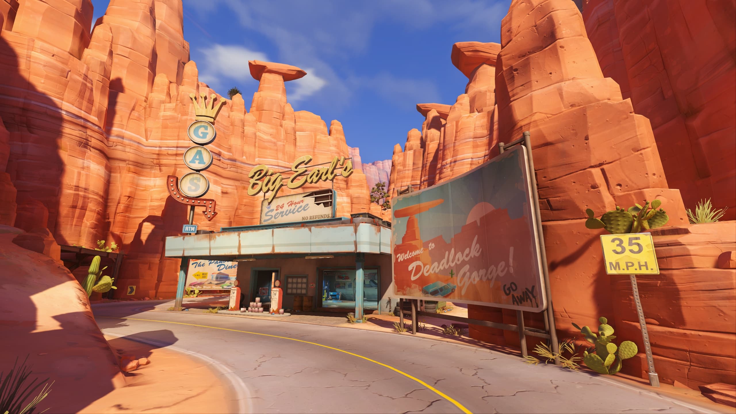 Gasolinera y cañones rocosos de Route 66 en Overwatch
