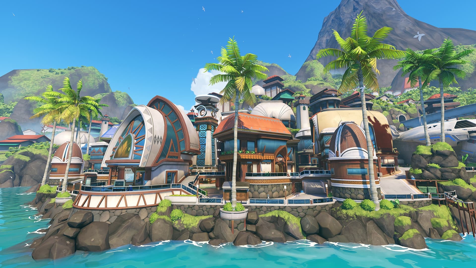 Costa tropical, palmeras y edificios de Samoa en Overwatch
